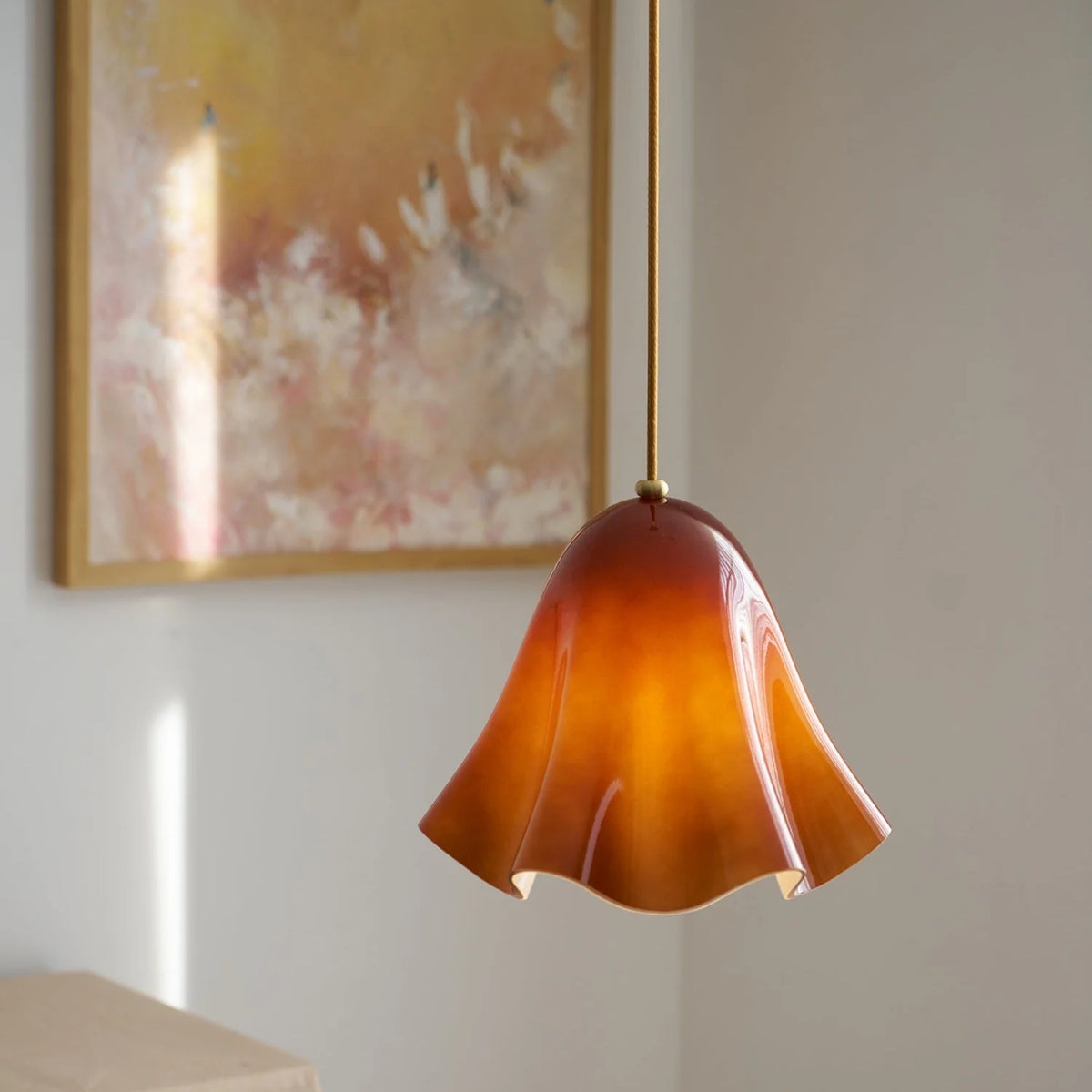 Pendant Light | Bell-Shaped Glass & Brass | Adjustable Cord, 11 in Diameter