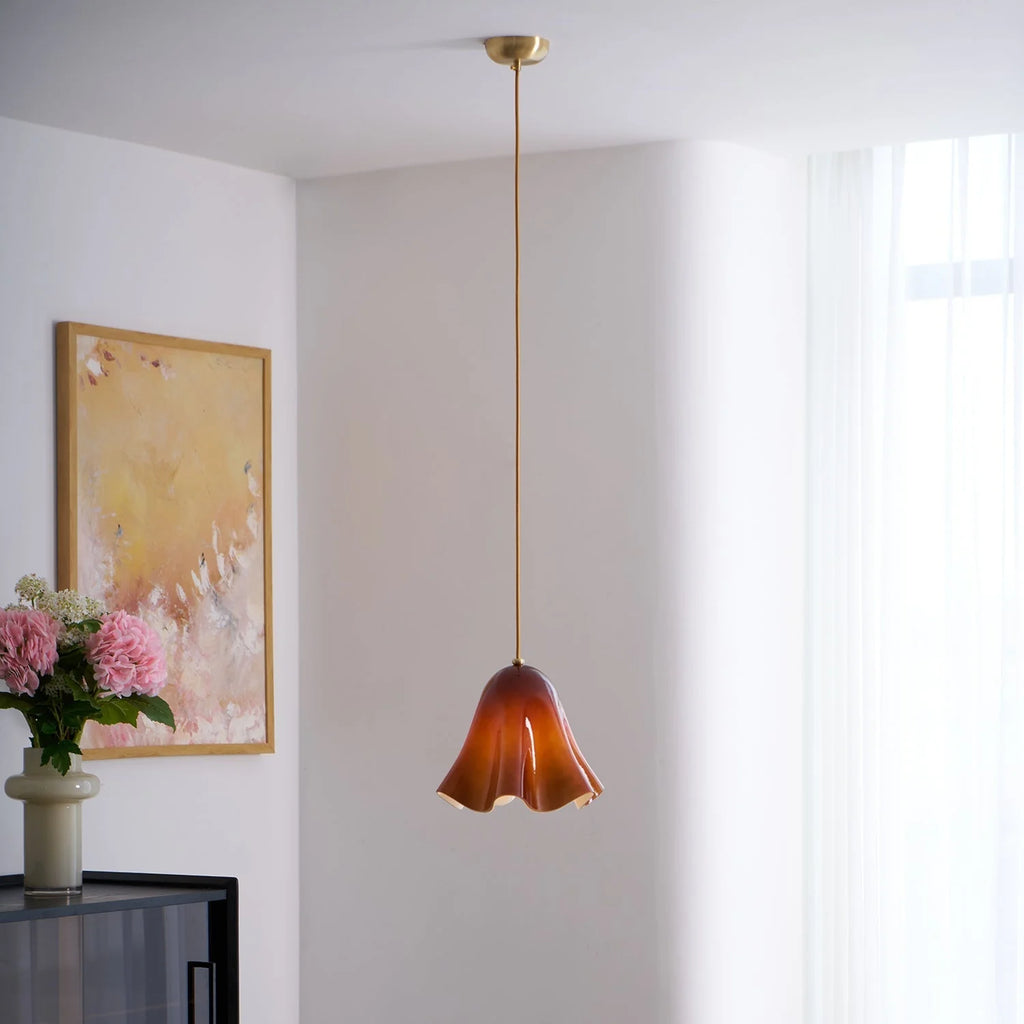 Pendant Light | Bell-Shaped Glass & Brass | Adjustable Cord, 11 in Diameter