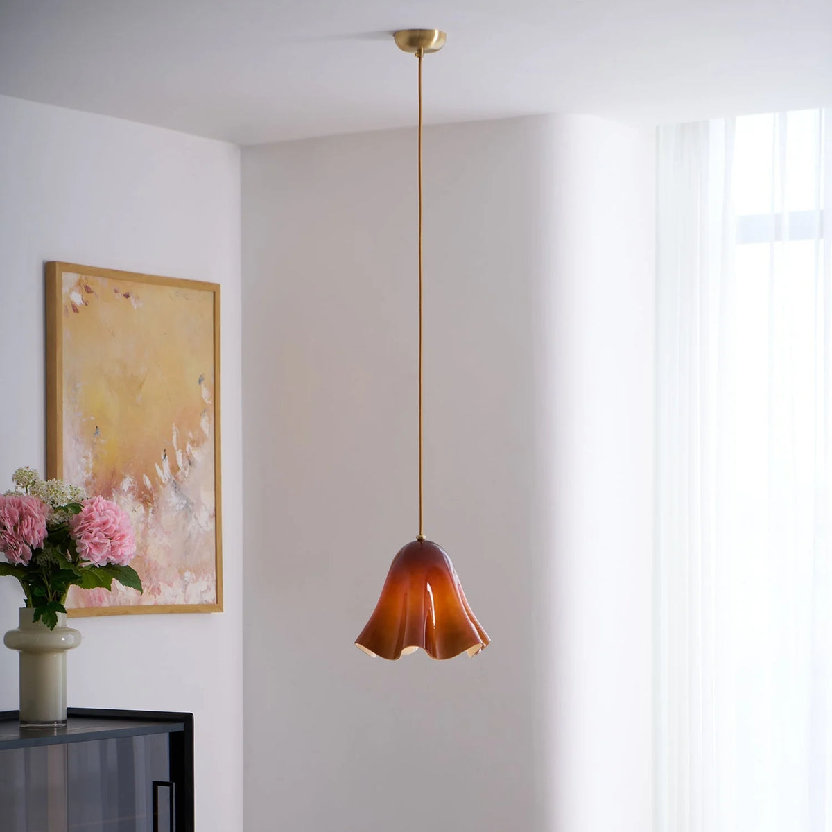 Pendant Light | Bell-Shaped Glass & Brass | Adjustable Cord, 11 in Diameter