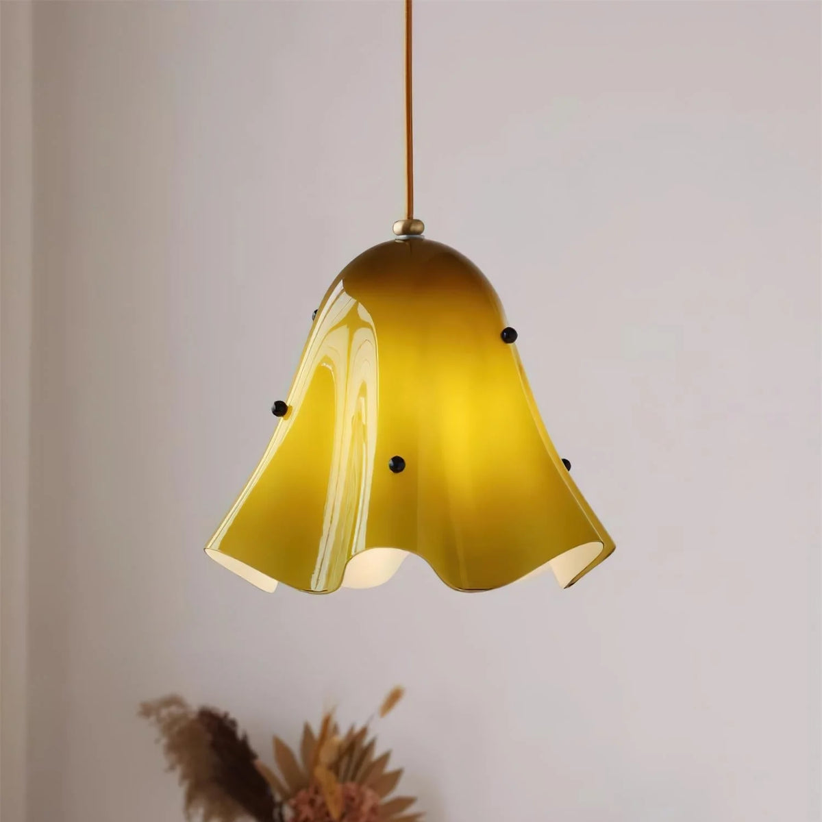 Pendant Light | Bell-Shaped Glass & Brass | Adjustable Cord, 11 in Diameter