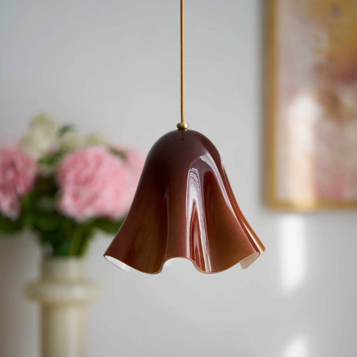 Pendant Light | Bell-Shaped Glass & Brass | Adjustable Cord, 11 in Diameter