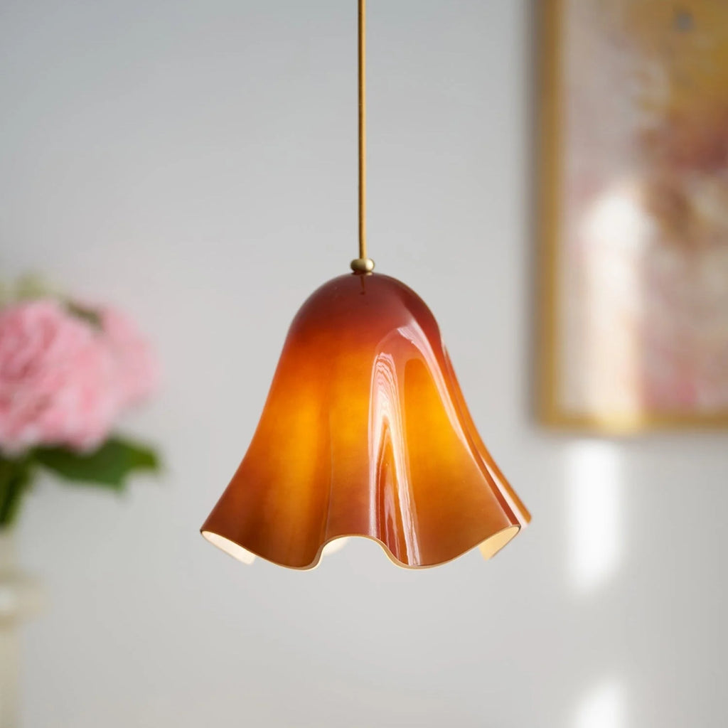Pendant Light | Bell-Shaped Glass & Brass | Adjustable Cord, 11 in Diameter