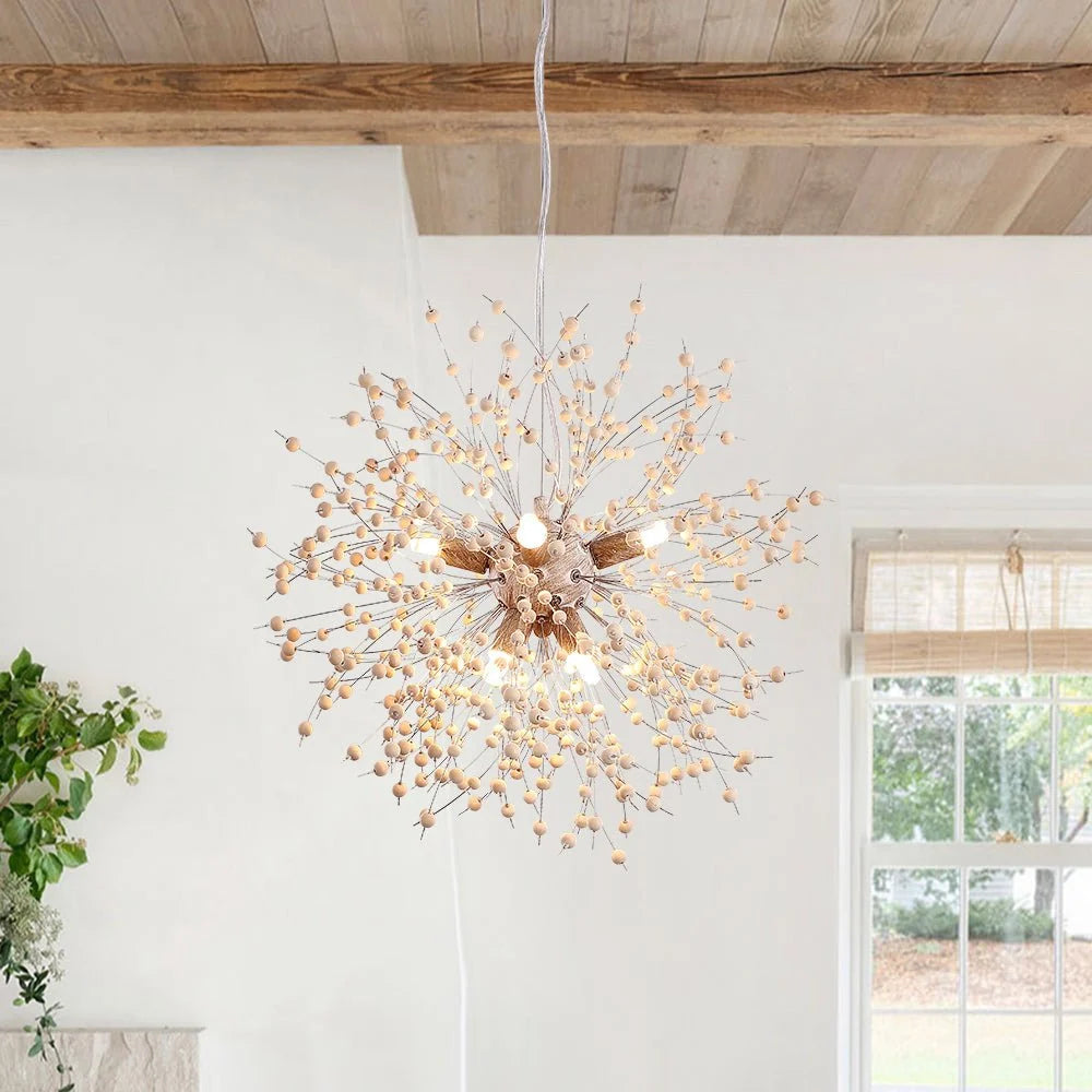 Pendant Light | Dandelion Starburst & Wood Beads | Adjustable Height