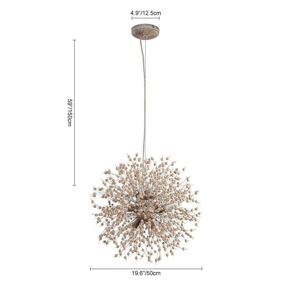 Pendant Light | Dandelion Starburst & Wood Beads | Adjustable Height