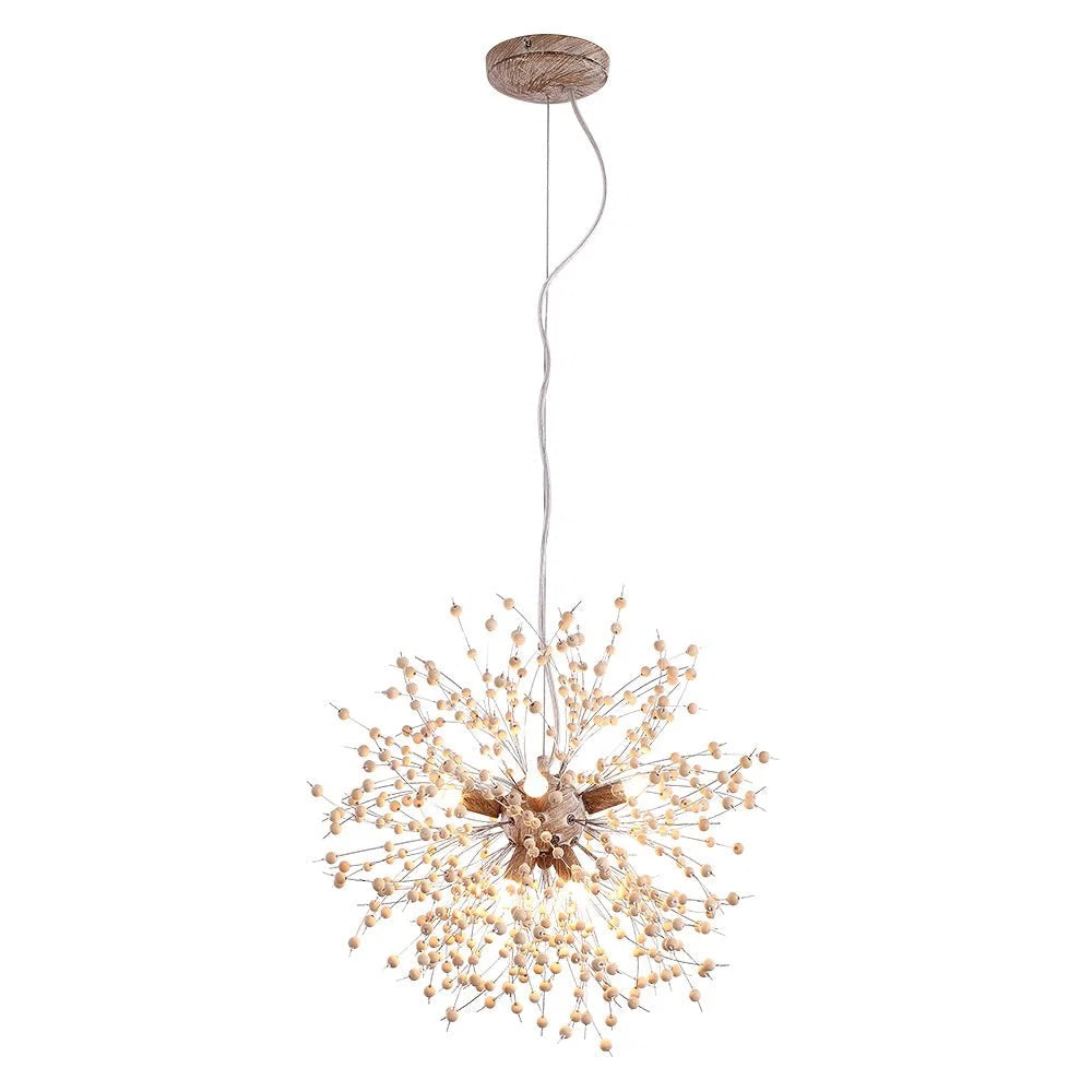 Pendant Light | Dandelion Starburst & Wood Beads | Adjustable Height