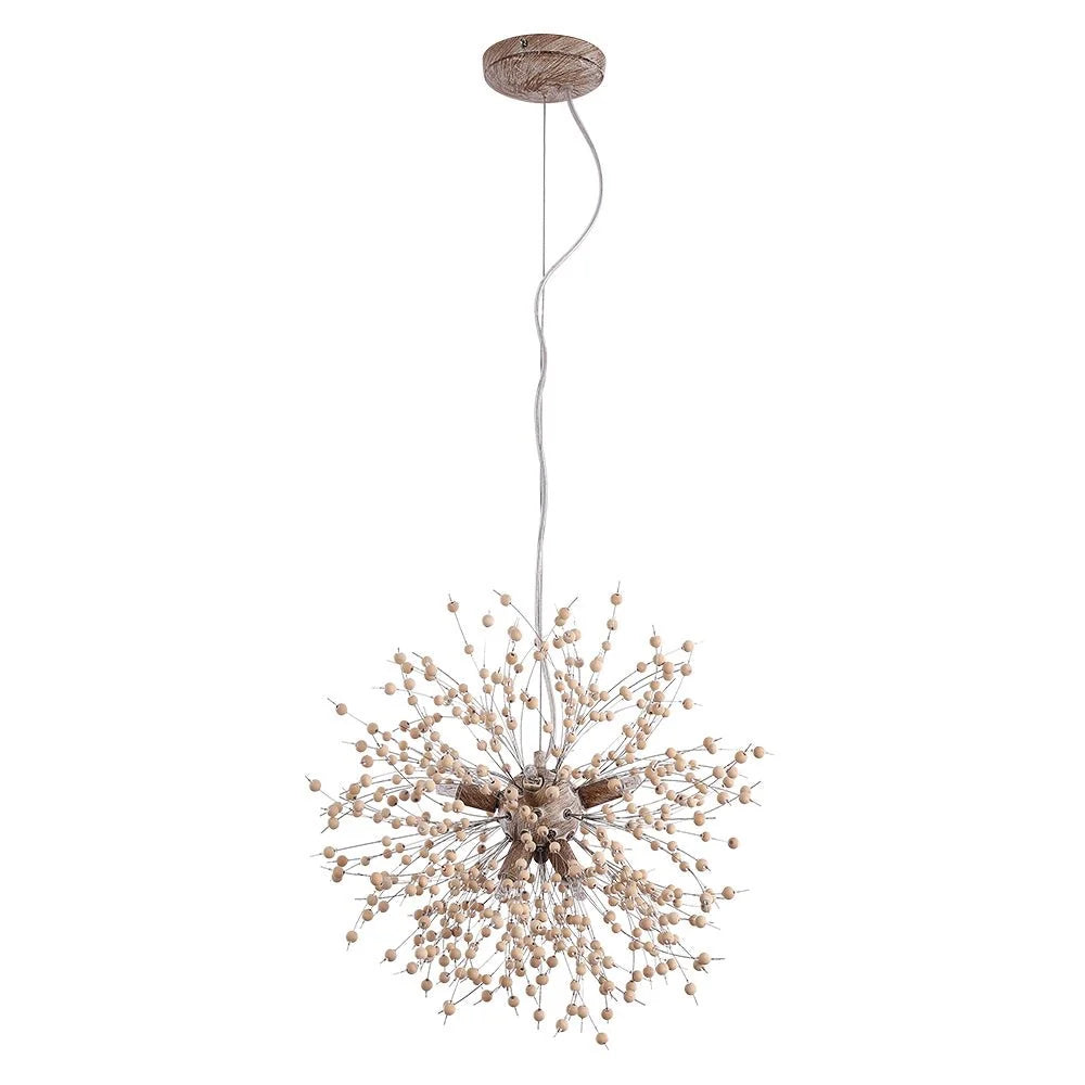 Pendant Light | Dandelion Starburst & Wood Beads | Adjustable Height
