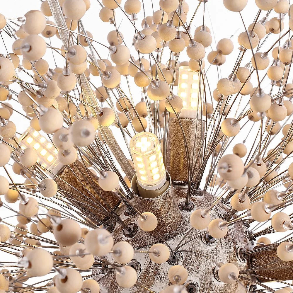 Pendant Light | Dandelion Starburst & Wood Beads | Adjustable Height