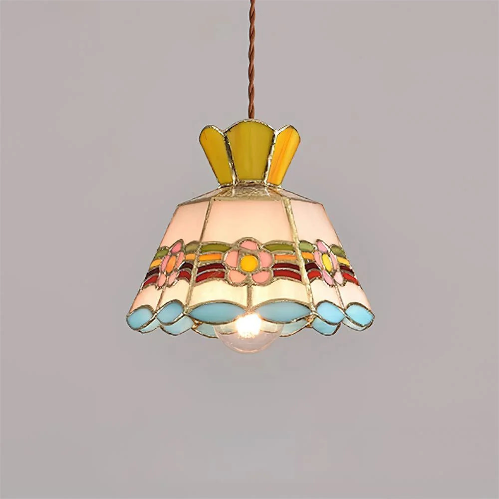Pendant Light | Stained Glass Floral Shade & Metal Frame | Adjustable 59-Inch Cord