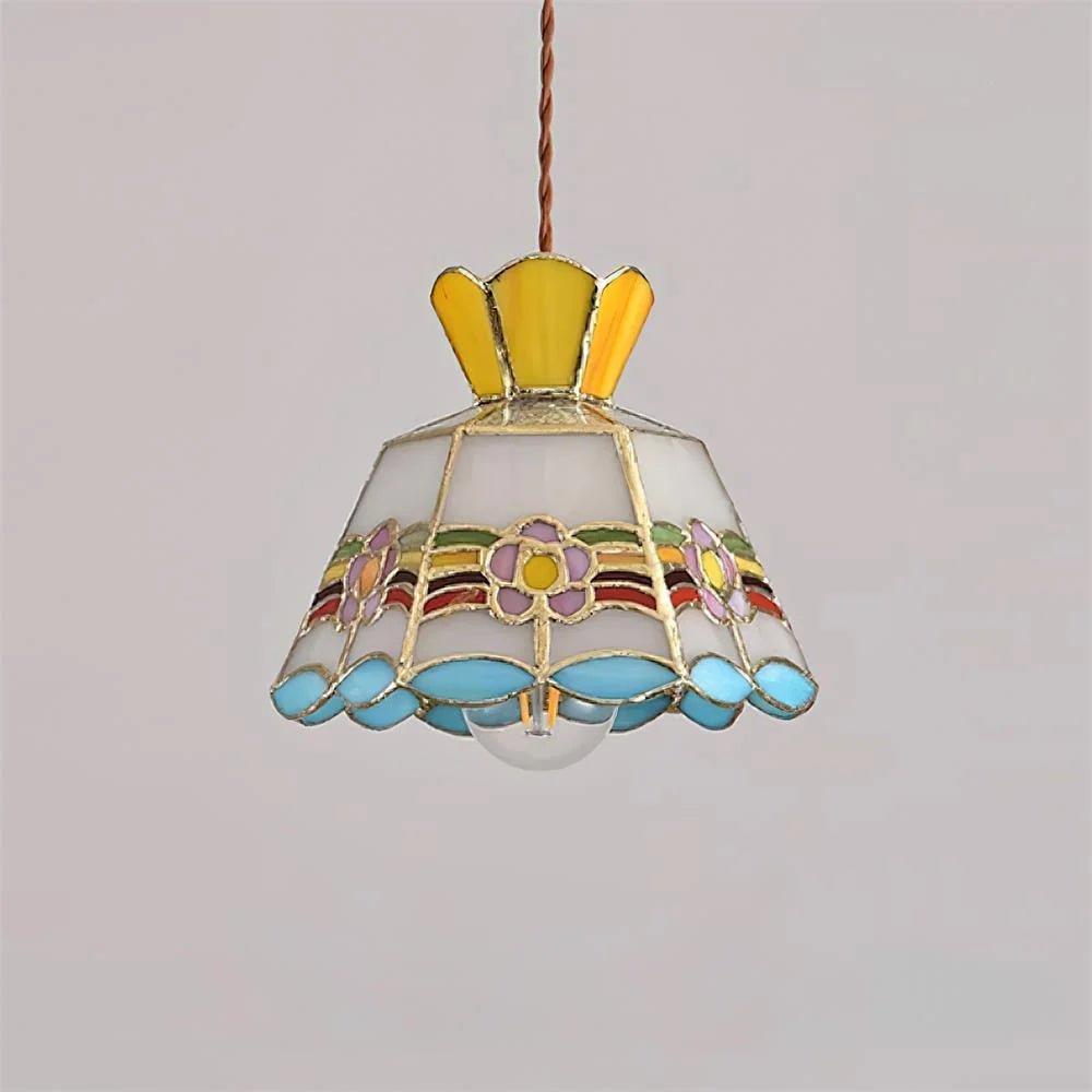 Pendant Light | Stained Glass Floral Shade & Metal Frame | Adjustable 59-Inch Cord