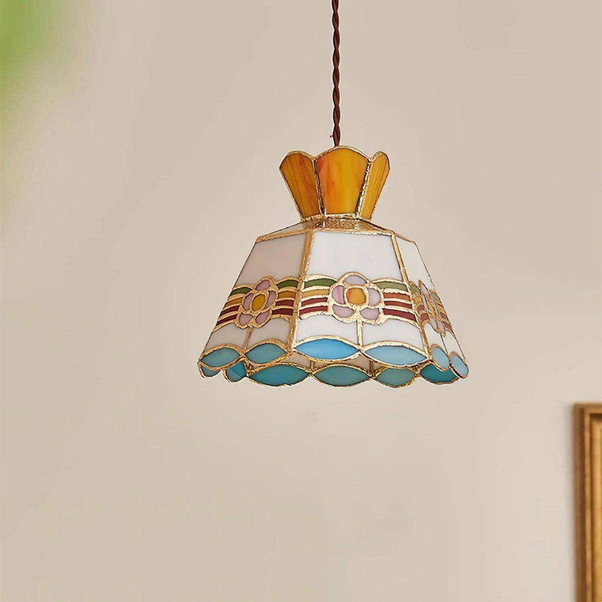 Pendant Light | Stained Glass Floral Shade & Metal Frame | Adjustable 59-Inch Cord