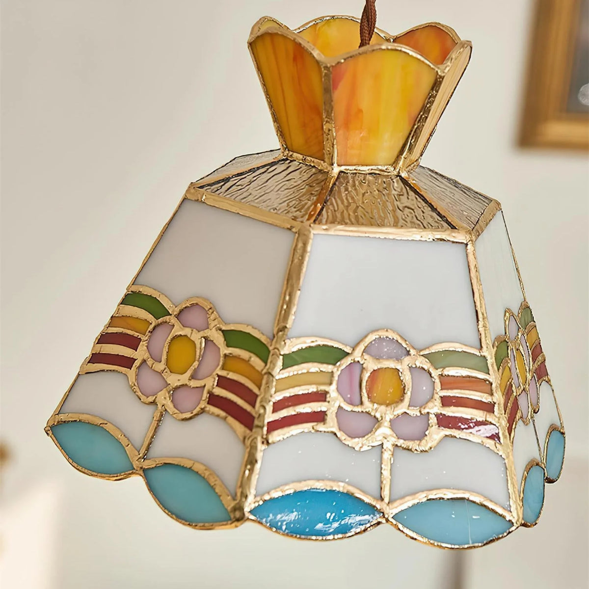 Pendant Light | Stained Glass Floral Shade & Metal Frame | Adjustable 59-Inch Cord