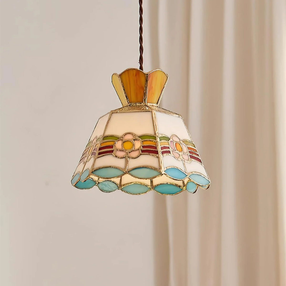 Pendant Light | Stained Glass Floral Shade & Metal Frame | Adjustable 59-Inch Cord
