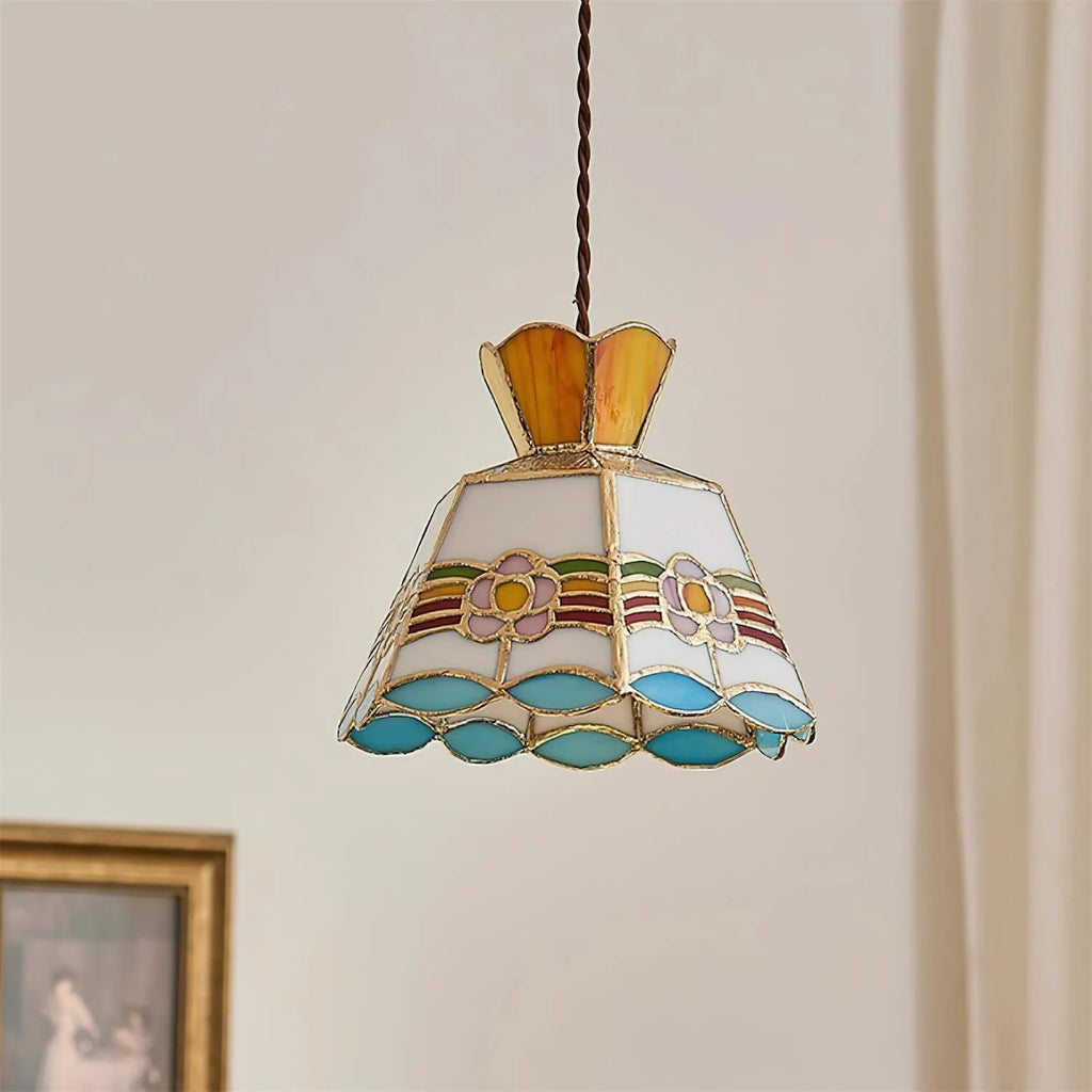 Pendant Light | Stained Glass Floral Shade & Metal Frame | Adjustable 59-Inch Cord