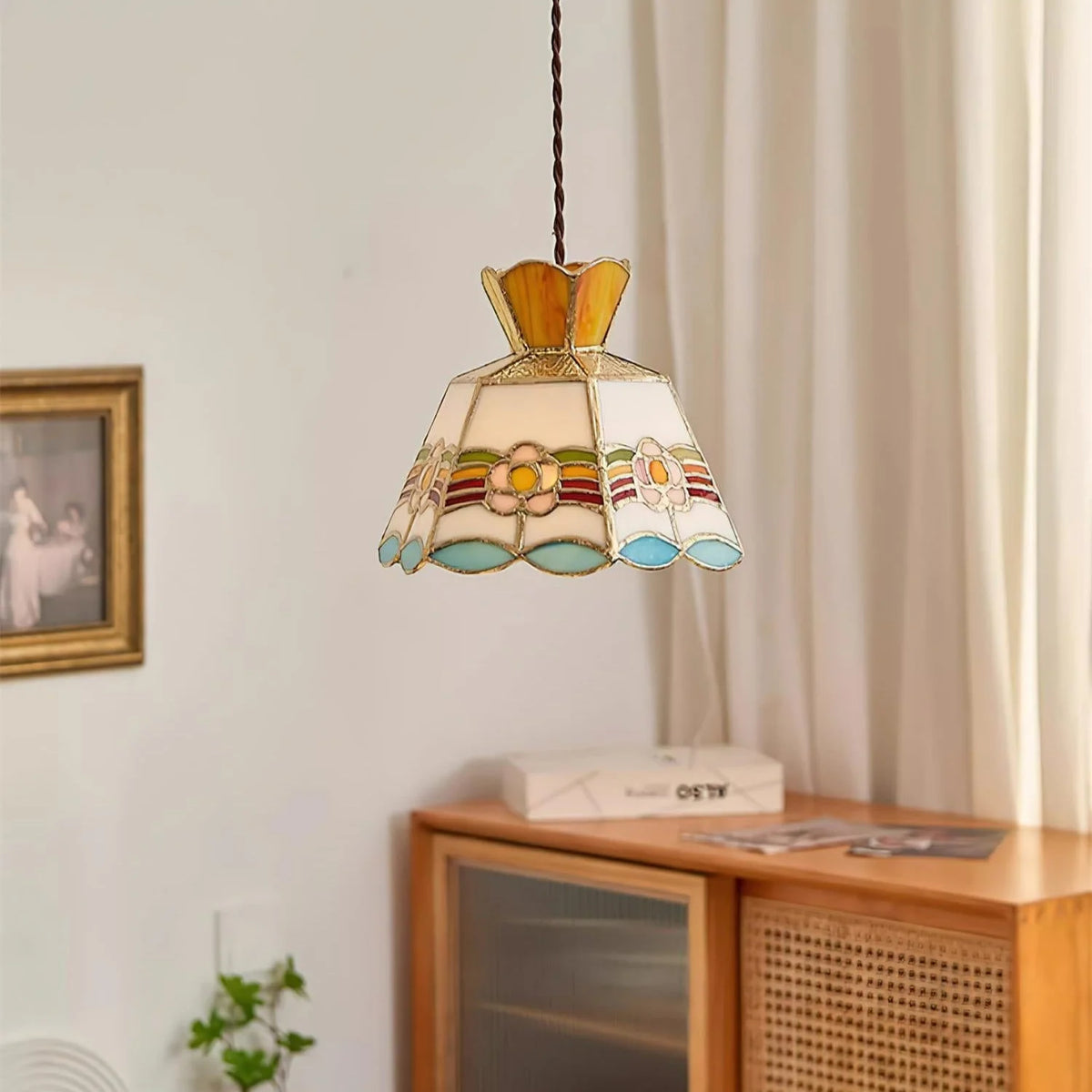 Pendant Light | Stained Glass Floral Shade & Metal Frame | Adjustable 59-Inch Cord