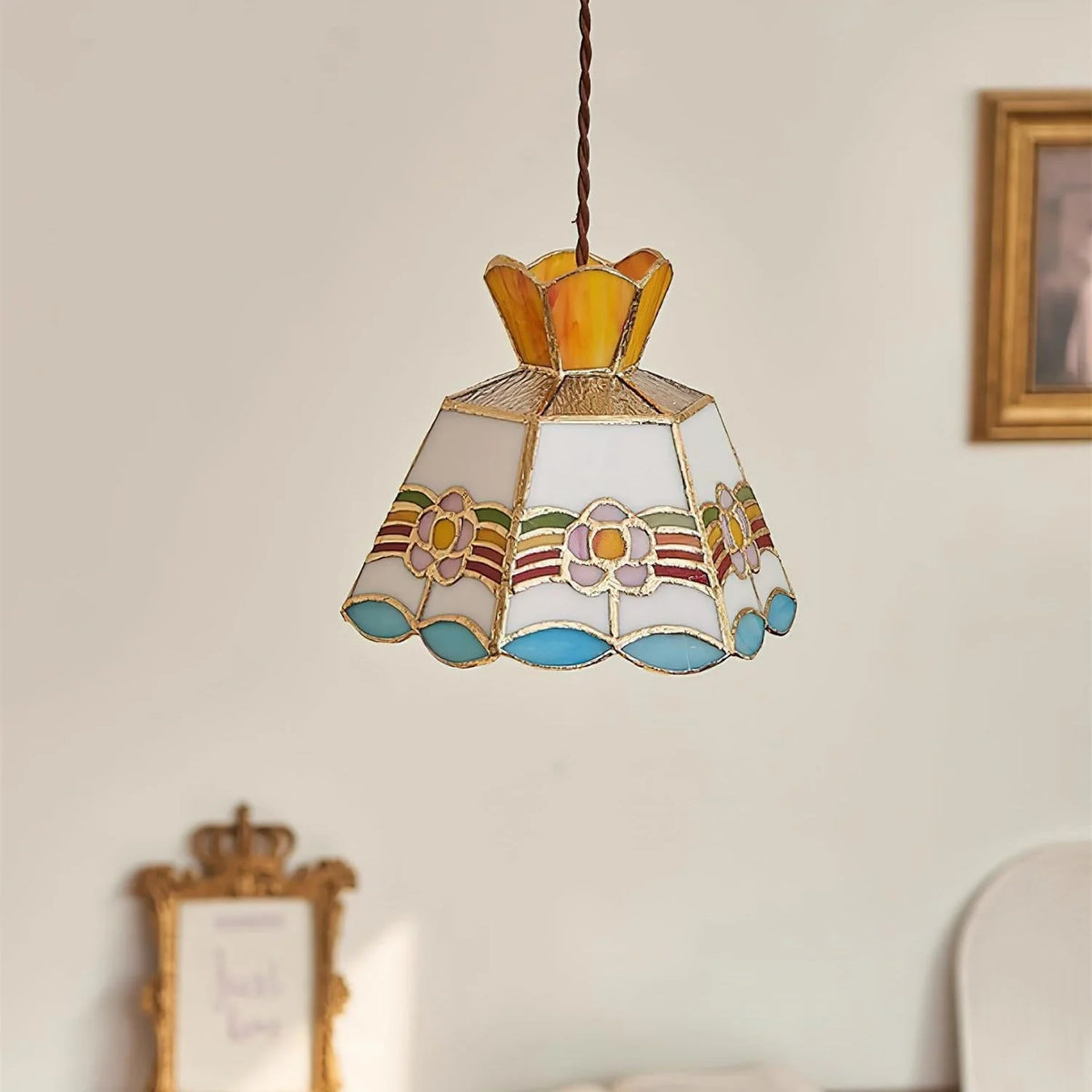 Pendant Light | Stained Glass Floral Shade & Metal Frame | Adjustable 59-Inch Cord