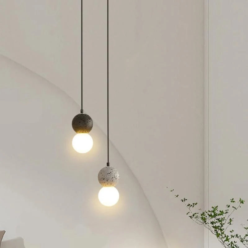 Pendant Light | Travertine & Acrylic Double Globe | LED Bulb Included