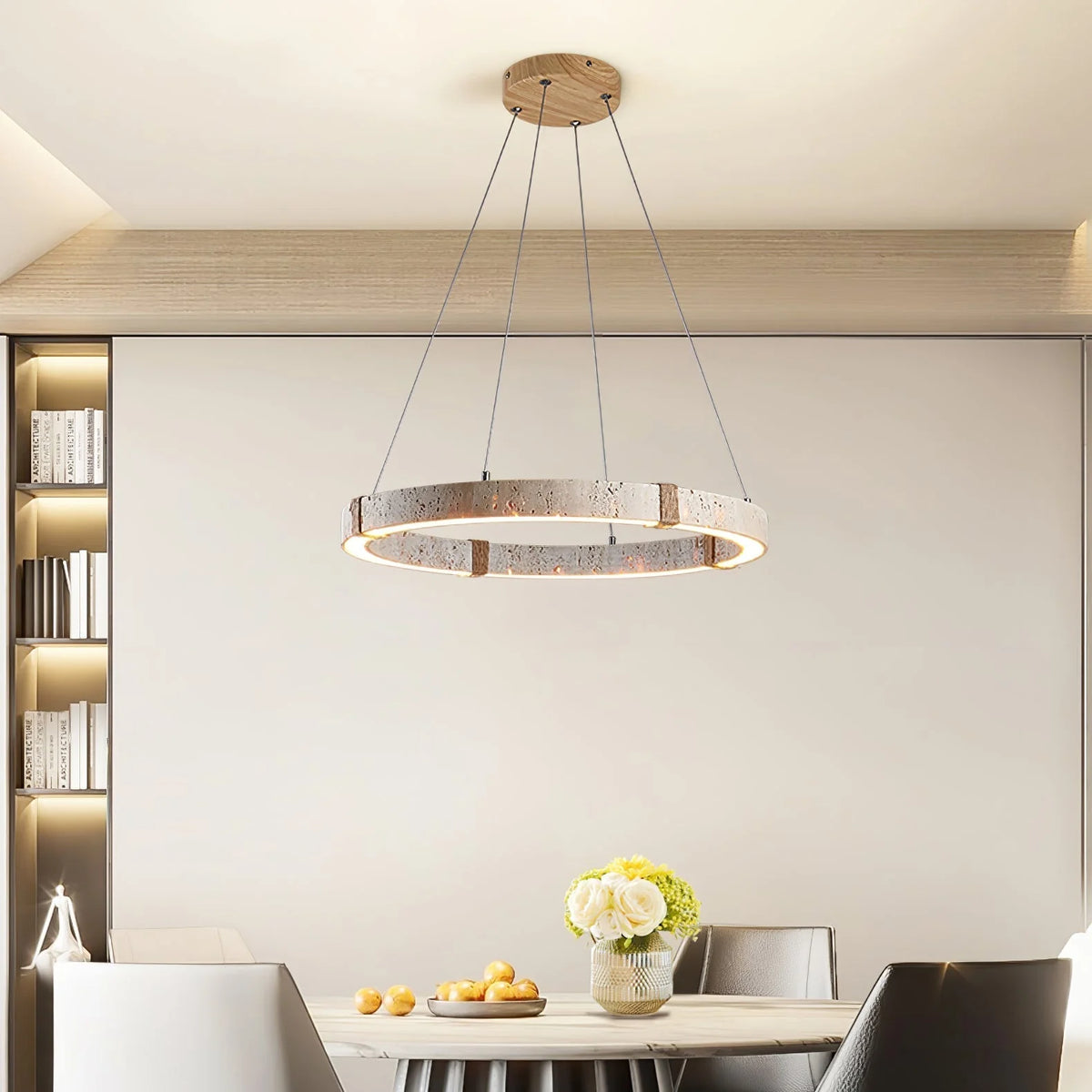 Pendant Light | Travertine Ring & Wood Accent Dimmable Integrated LED