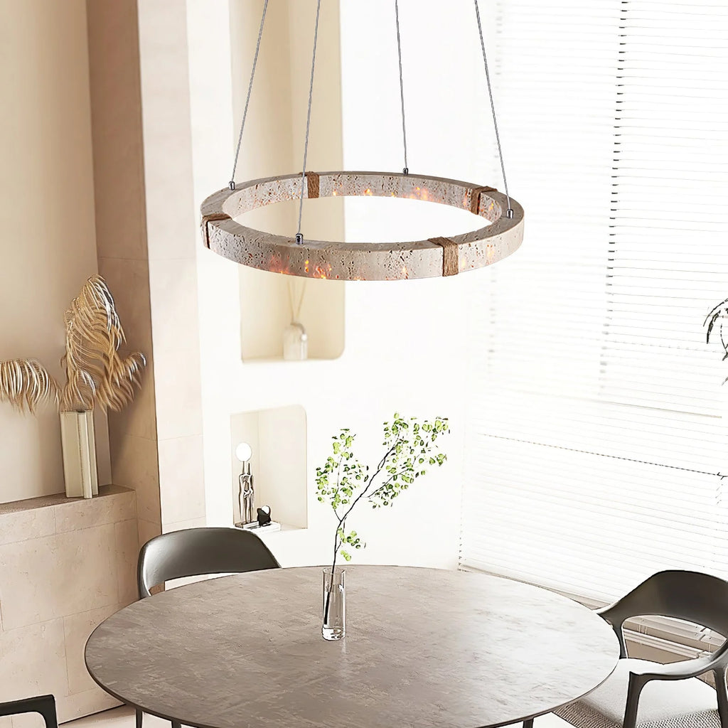 Pendant Light | Travertine Ring & Wood Accent Dimmable Integrated LED