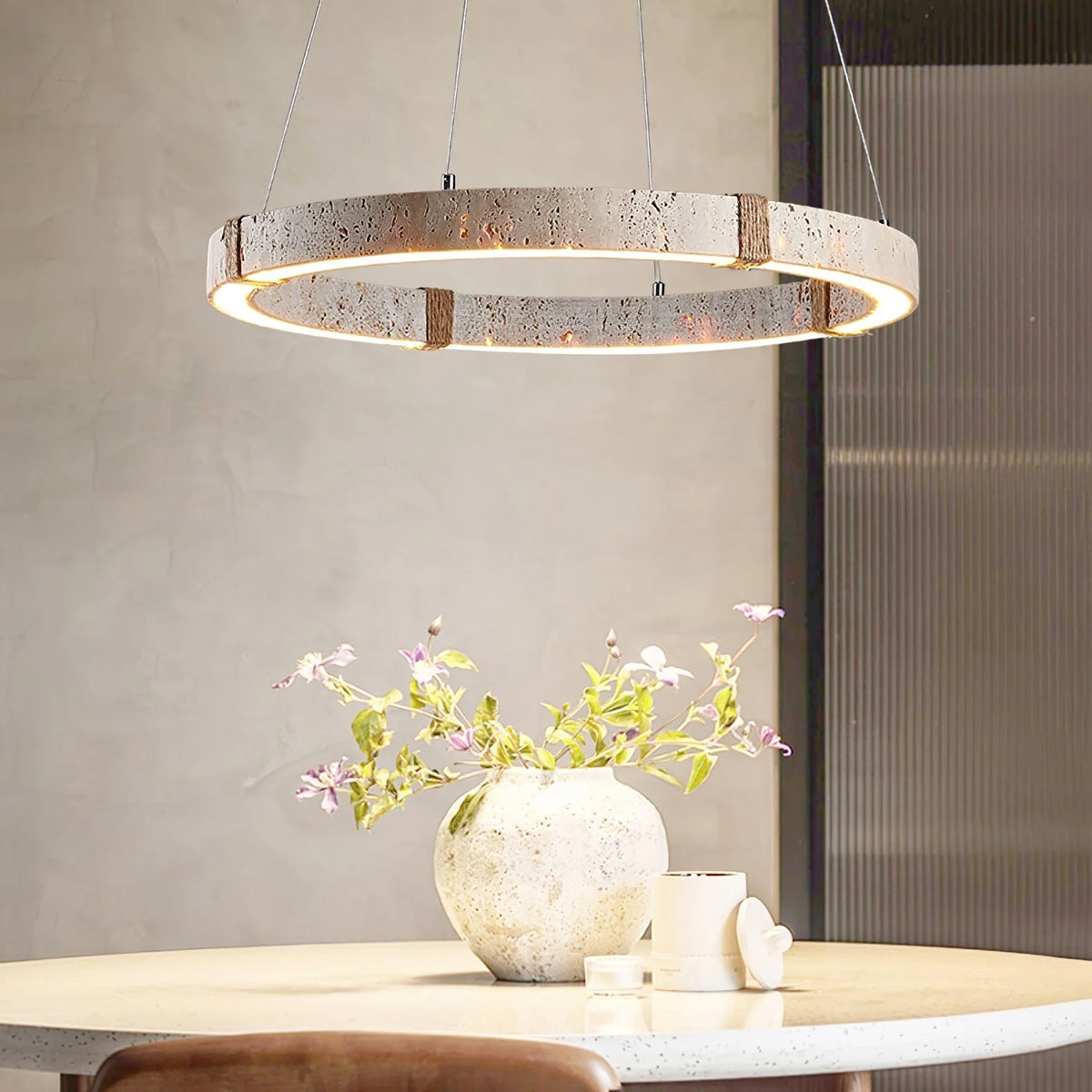 Pendant Light | Travertine Ring & Wood Accent Dimmable Integrated LED