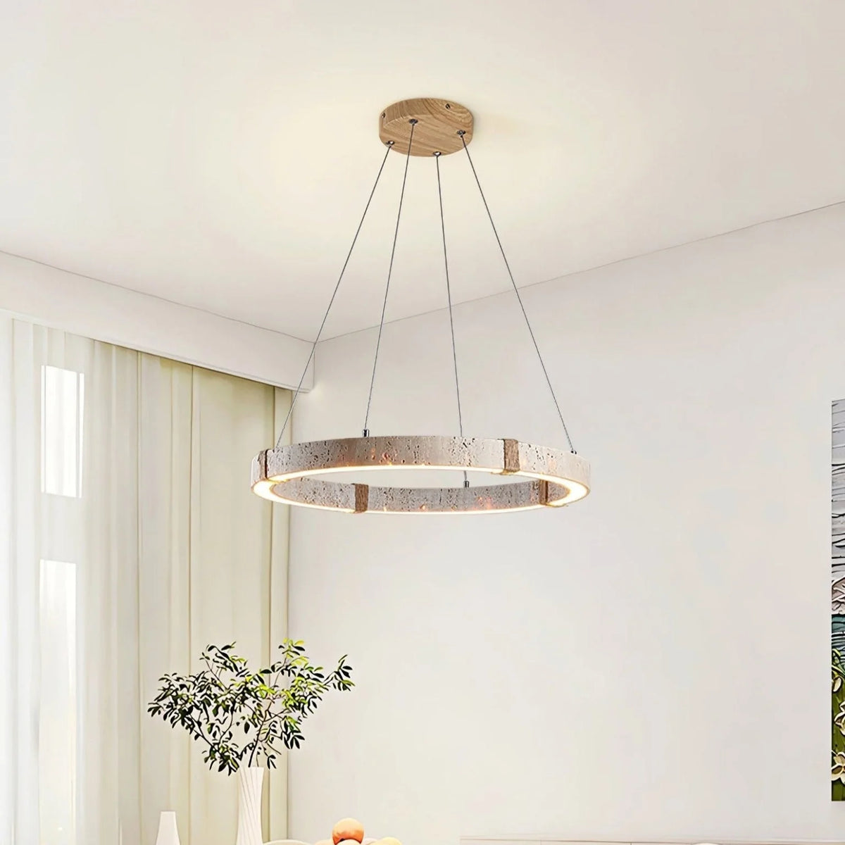 Pendant Light | Travertine Ring & Wood Accent Dimmable Integrated LED