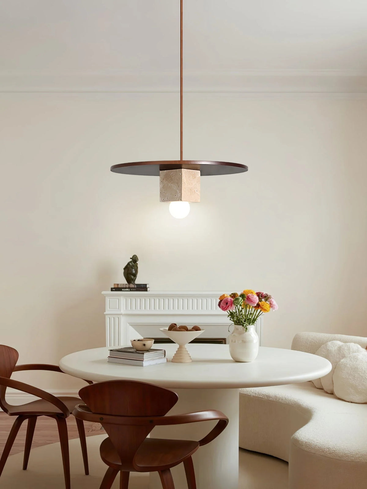 Pendant Light | Yellow Travertine Disc & Walnut Accents | 30 cm