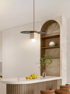 Pendant Light | Yellow Travertine Disc & Walnut Accents | 30 cm