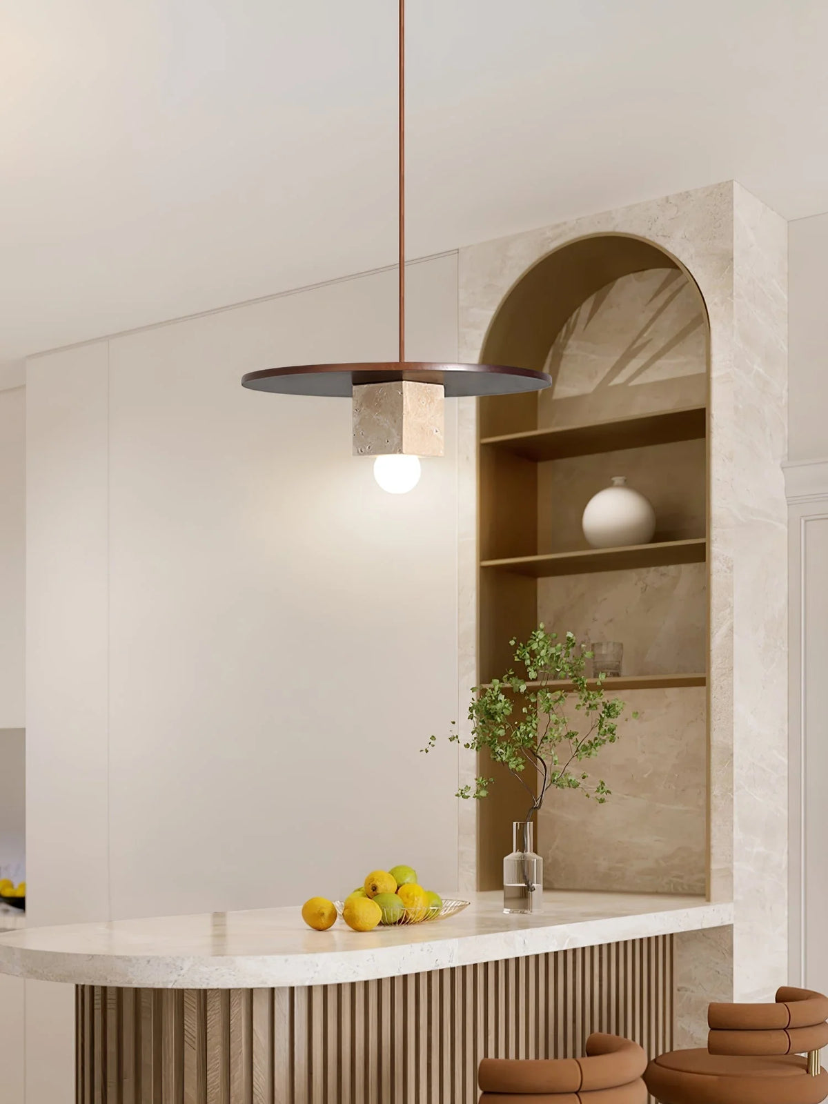 Pendant Light | Yellow Travertine Disc & Walnut Accents | 30 cm