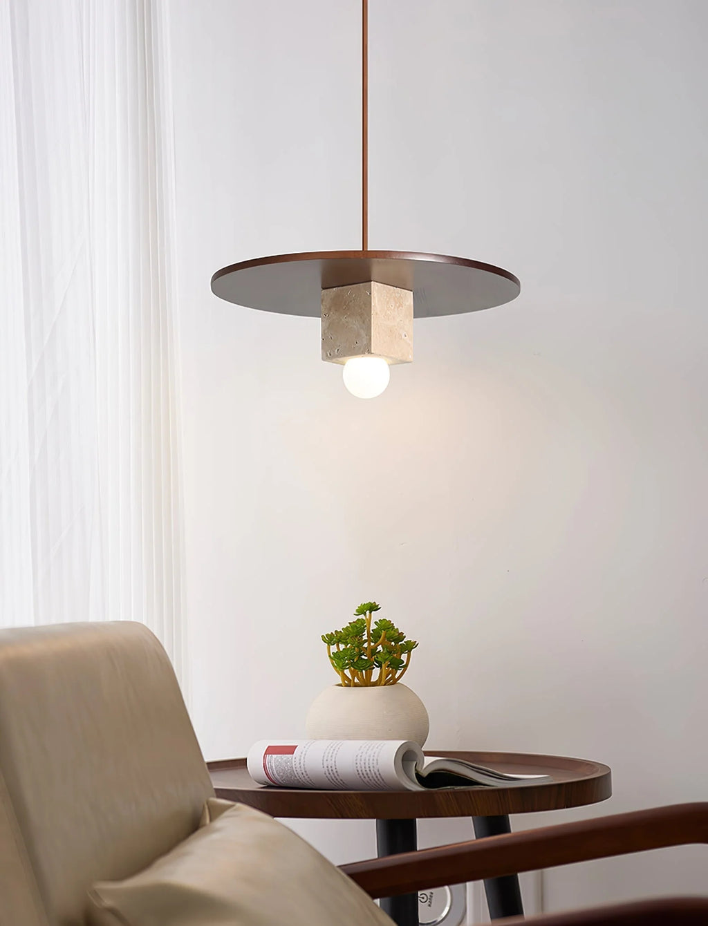 Pendant Light | Yellow Travertine Disc & Walnut Accents | 30 cm