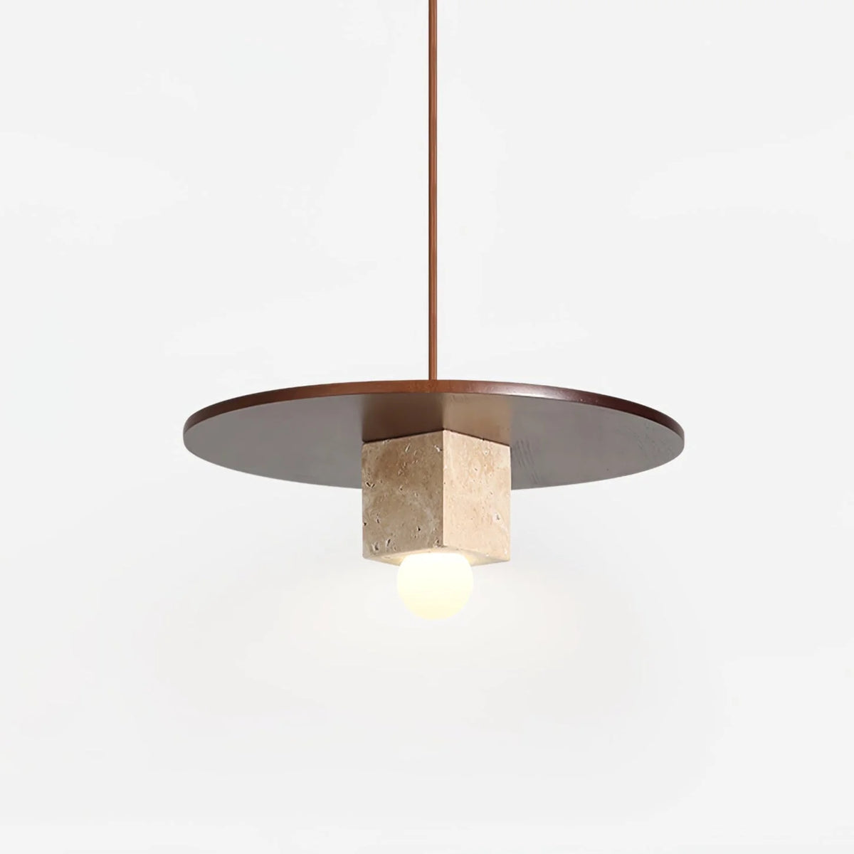 Pendant Light | Yellow Travertine Disc & Walnut Accents | 30 cm