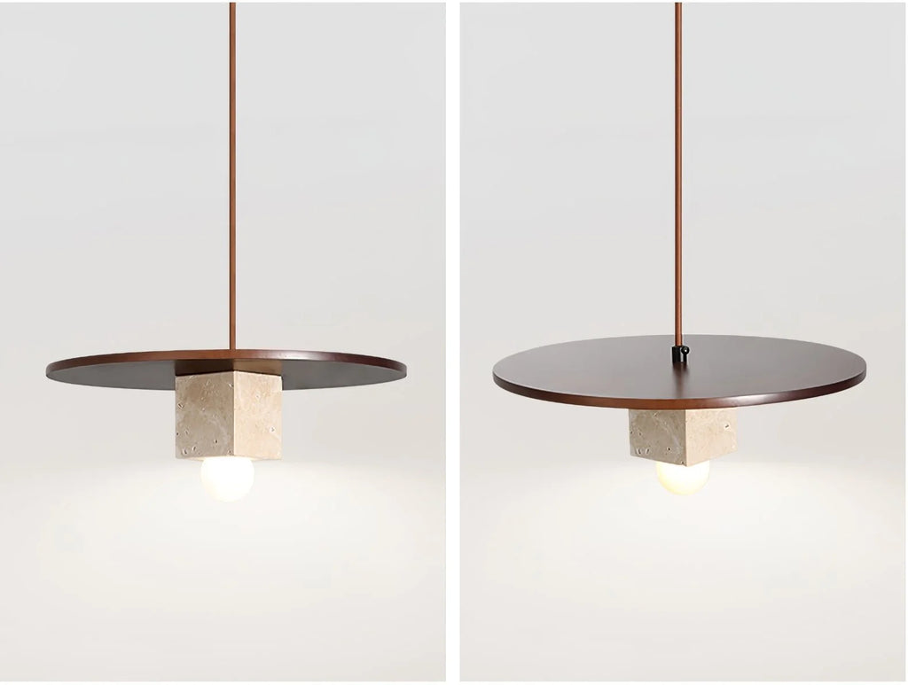 Pendant Light | Yellow Travertine Disc & Walnut Accents | 30 cm