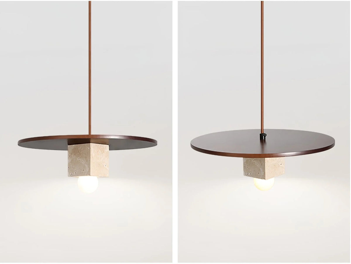 Pendant Light | Yellow Travertine Disc & Walnut Accents | 30 cm