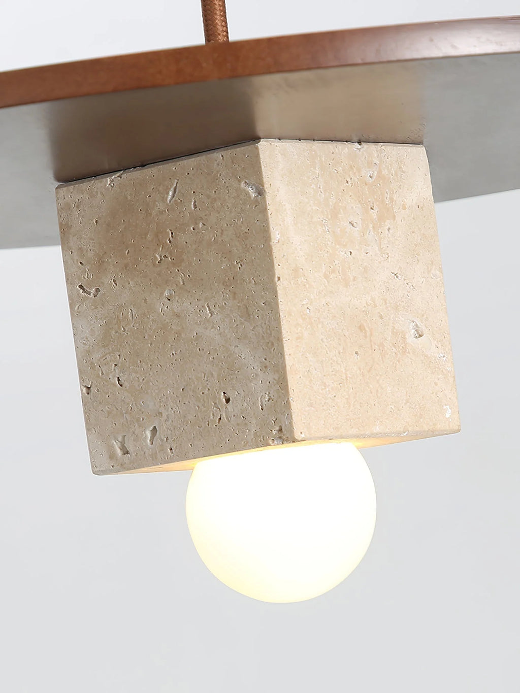 Pendant Light | Yellow Travertine Disc & Walnut Accents | 30 cm
