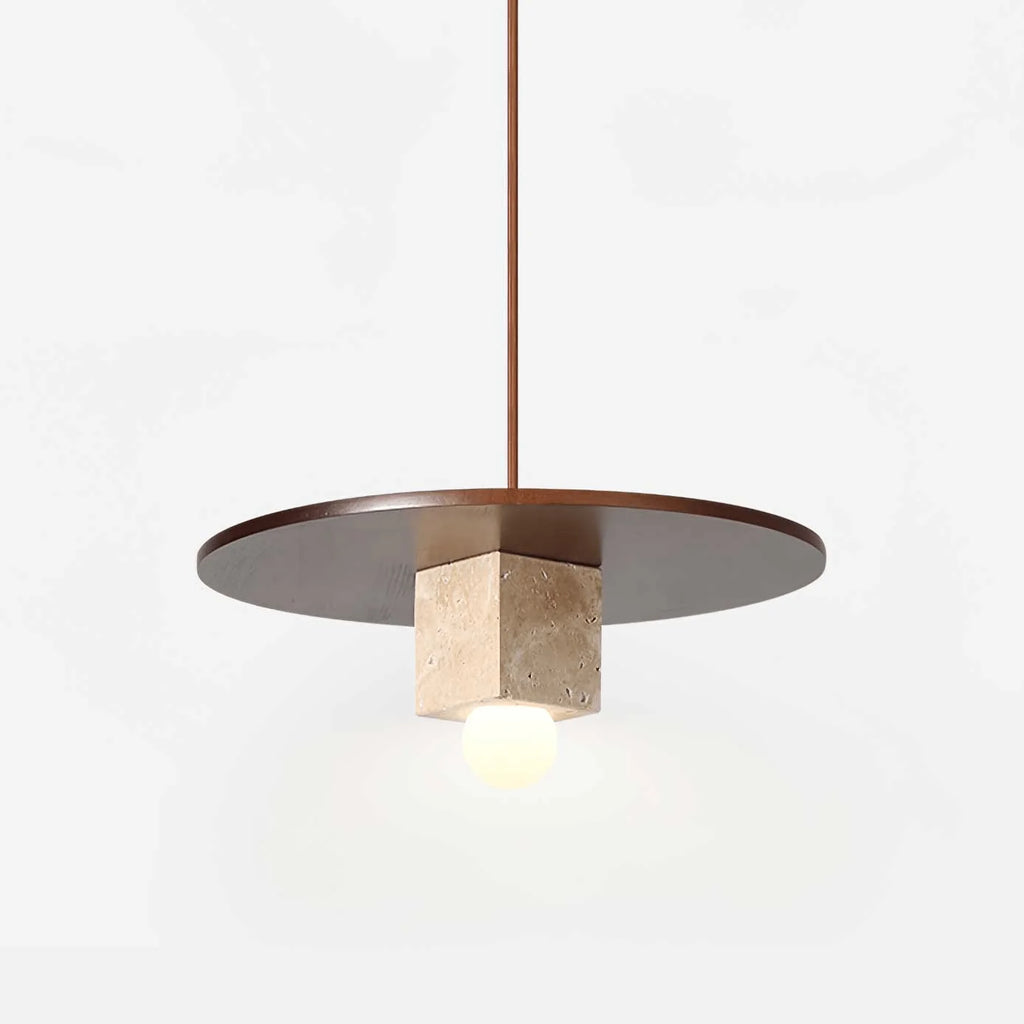 Pendant Light | Yellow Travertine Disc & Walnut Accents | 30 cm