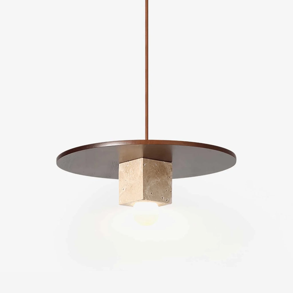 Pendant Light | Yellow Travertine Disc & Walnut Accents | 30 cm