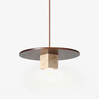 Pendant Light | Yellow Travertine Disc & Walnut Accents | 30 cm