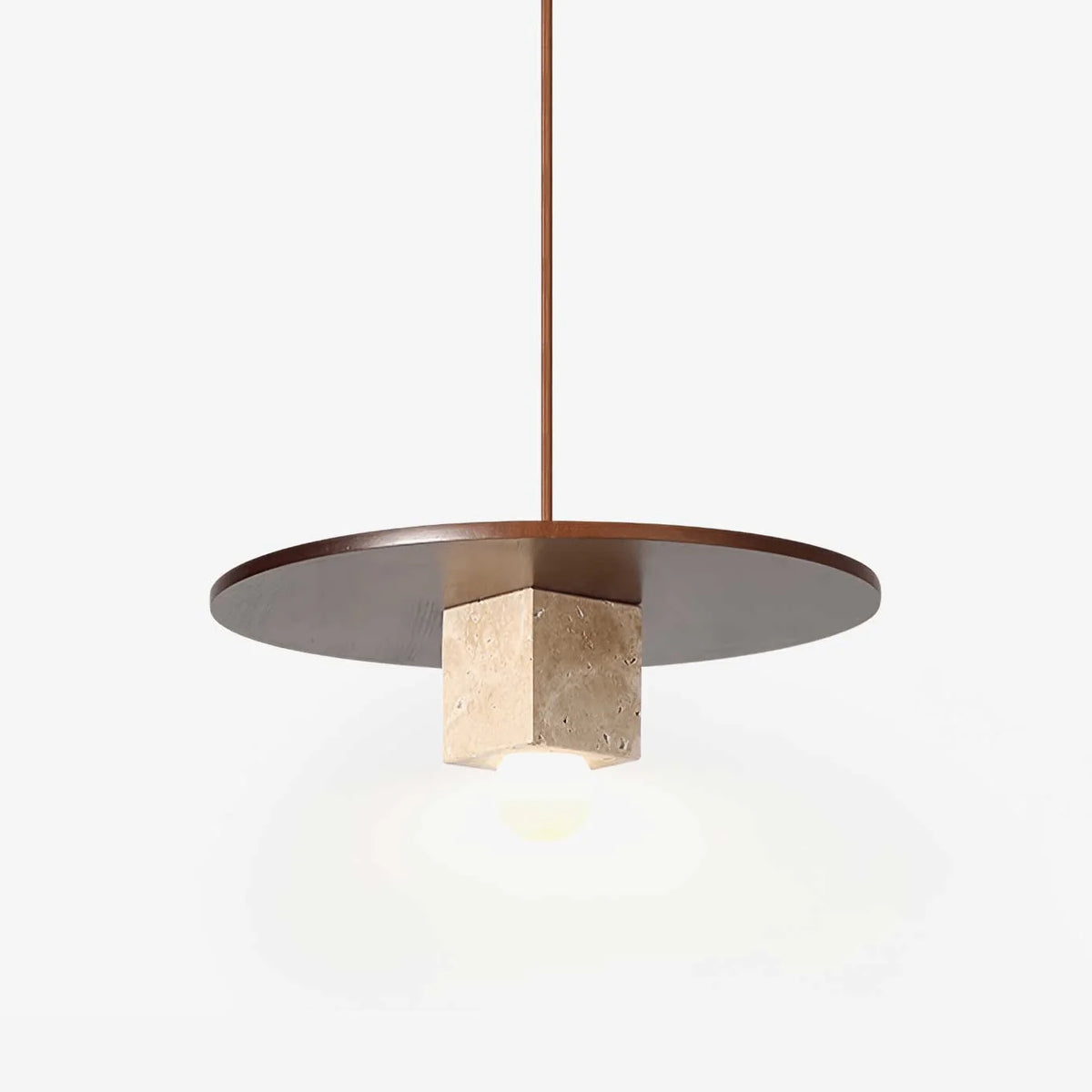 Pendant Light | Yellow Travertine Disc & Walnut Accents | 30 cm
