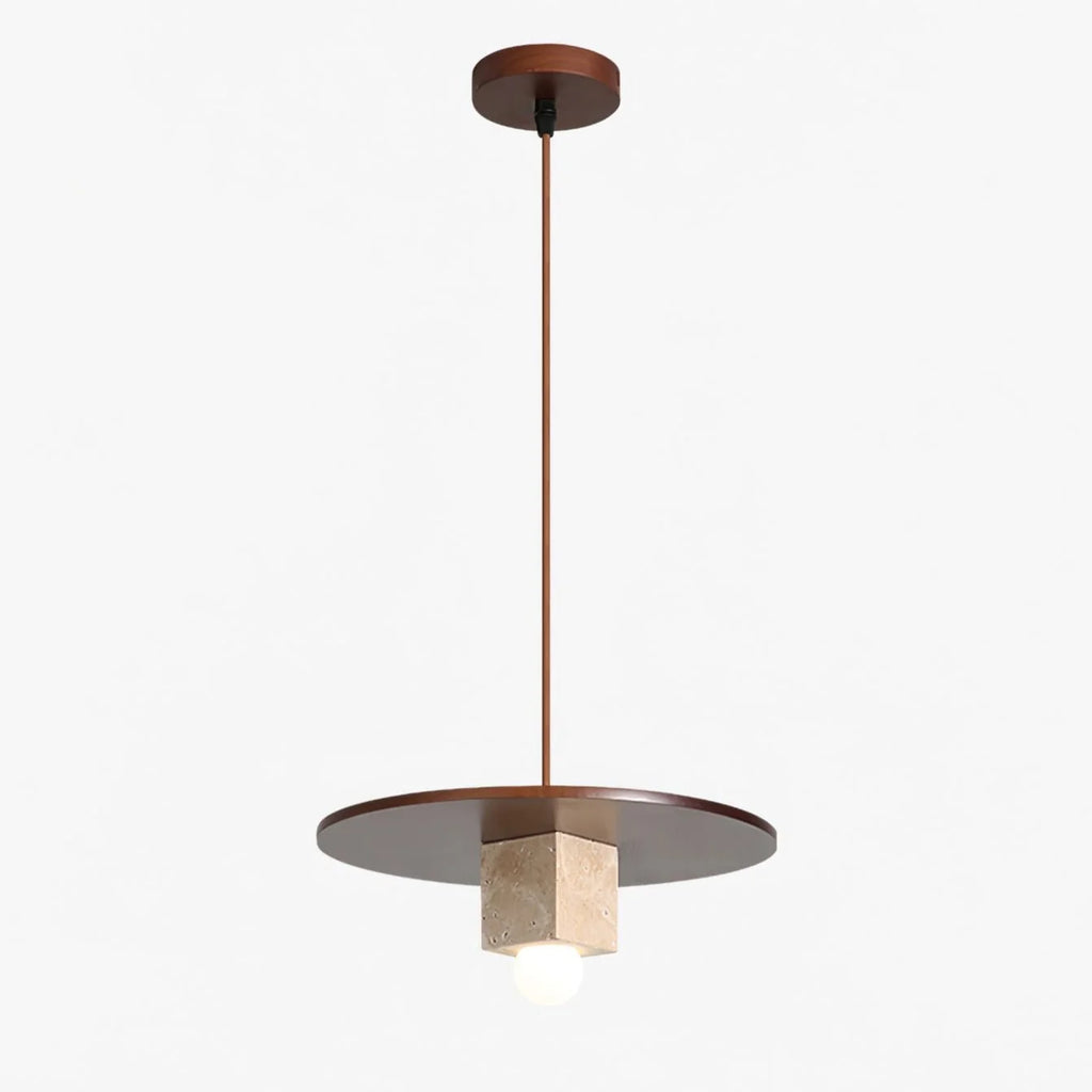 Pendant Light | Yellow Travertine Disc & Walnut Accents | 30 cm