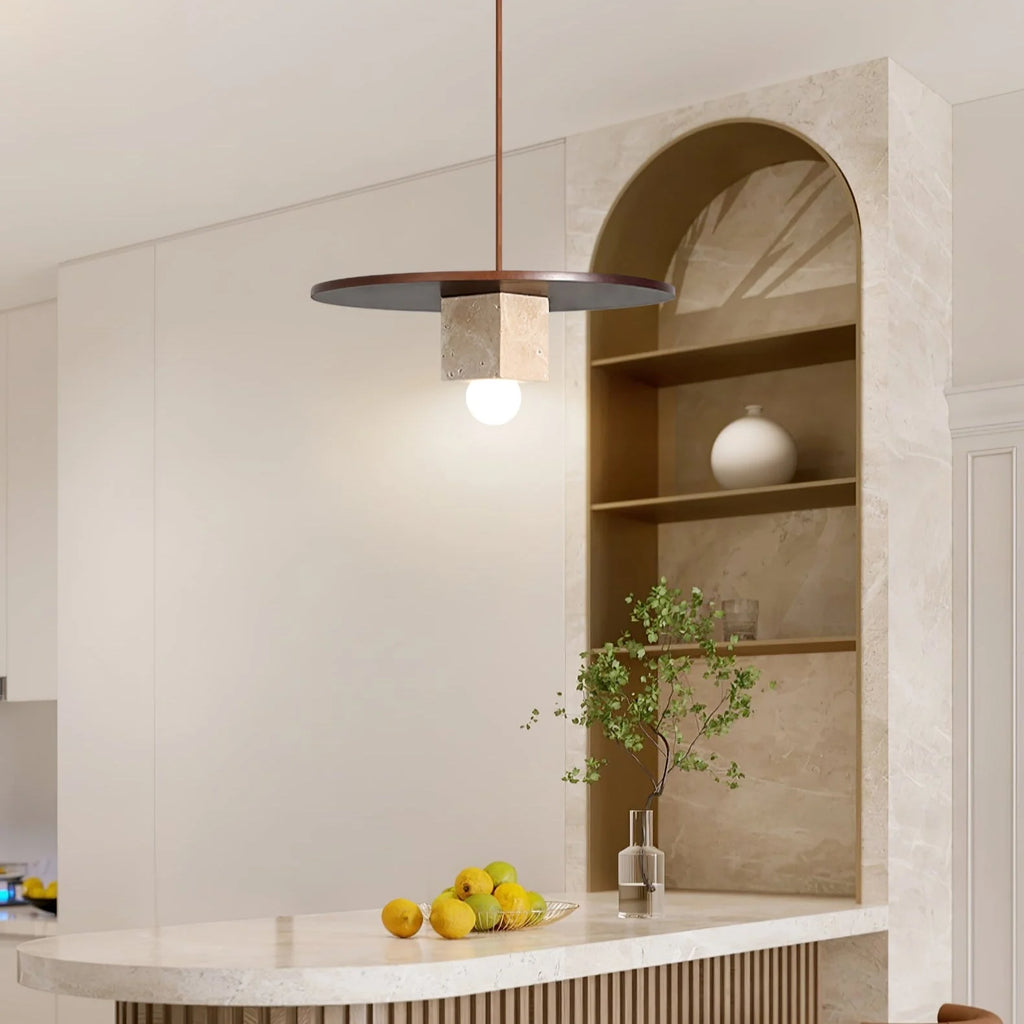 Pendant Light | Yellow Travertine Disc & Walnut Accents | 30 cm
