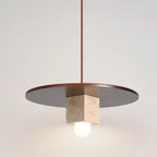 Pendant Light | Yellow Travertine Disc & Walnut Accents | 30 cm