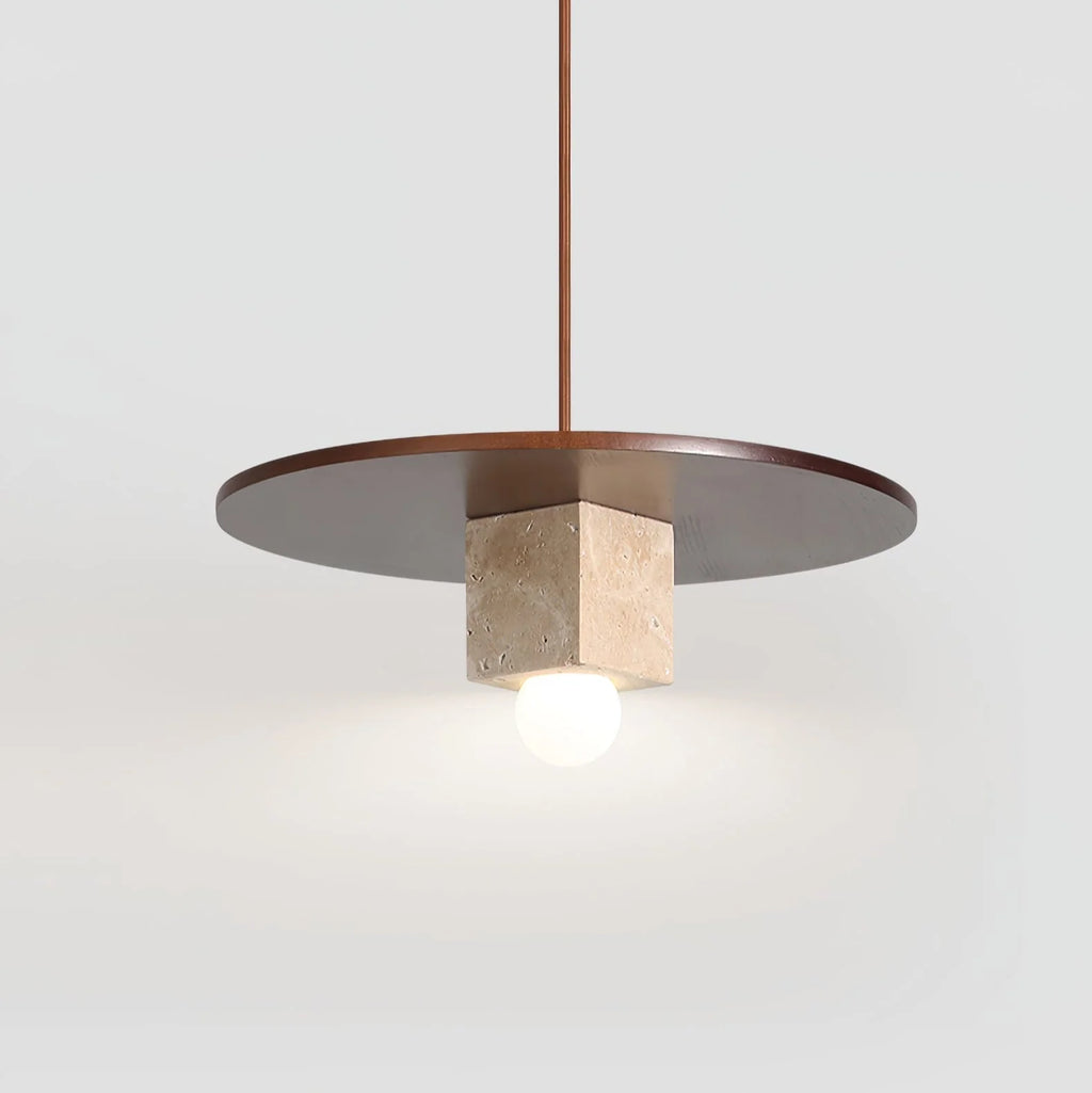 Pendant Light | Yellow Travertine Disc & Walnut Accents | 30 cm