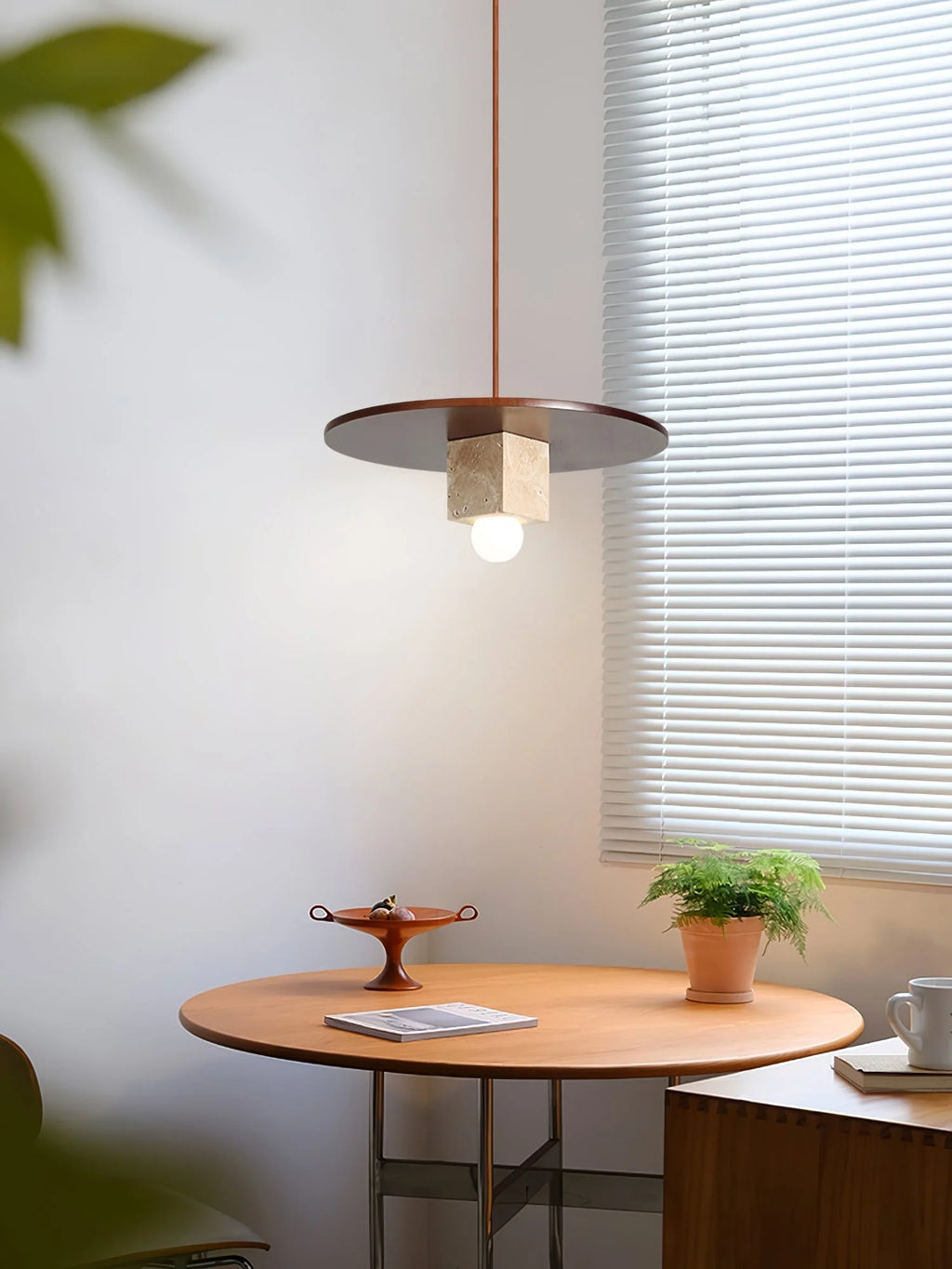 Pendant Light | Yellow Travertine Disc & Walnut Accents | 30 cm