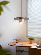 Pendant Light | Yellow Travertine Disc & Walnut Accents | 30 cm