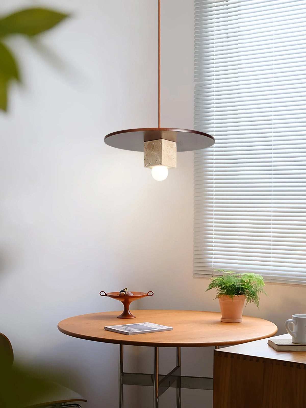 Pendant Light | Yellow Travertine Disc & Walnut Accents | 30 cm