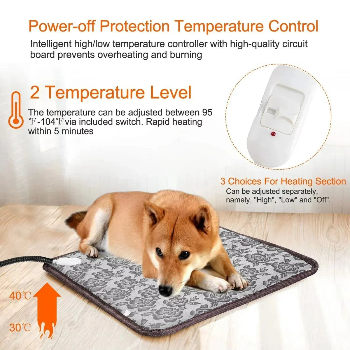 Pet Heating Pad | Adjustable Temperature & Bite-Resistant Cable | Sizes S & L