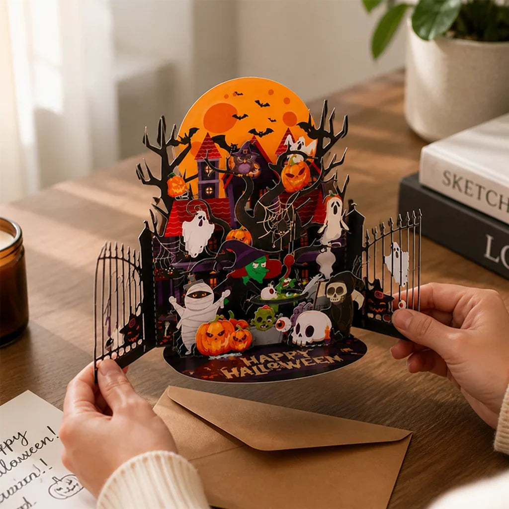 Pop-Up Card | Laser-Engraved 3D Pumpkin House | Envelope Included