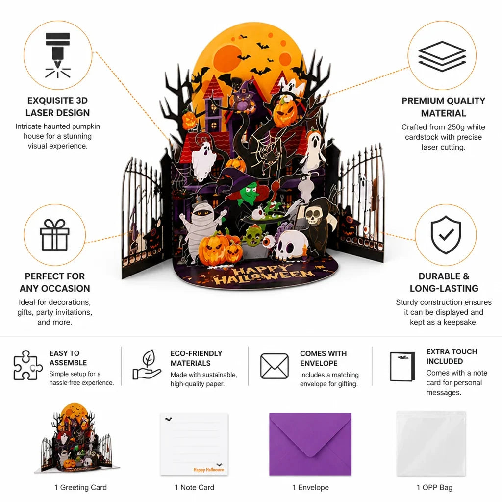 Pop-Up Card | Laser-Engraved 3D Pumpkin House | Envelope Included