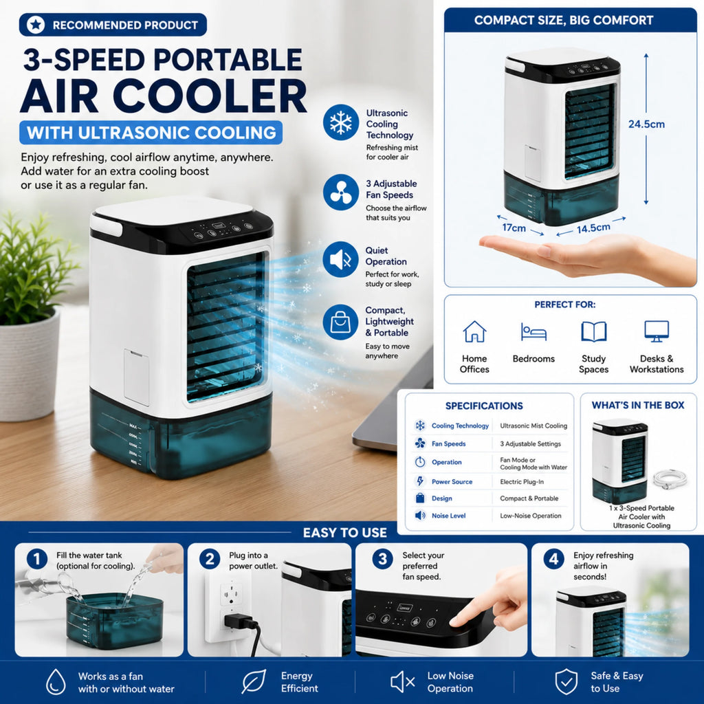 Portable Air Conditioner | Ultrasonic Cooling & 3-Speed | Up To 15 m²