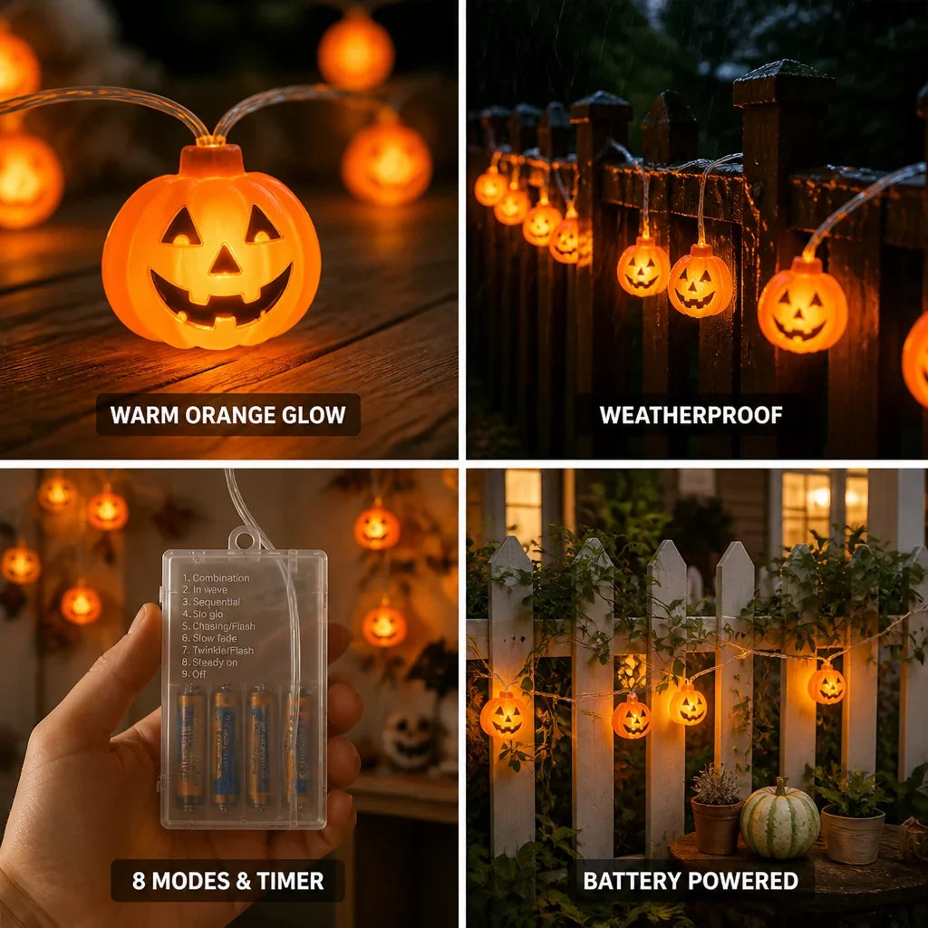 Pumpkin String Lights | Rechargeable Battery & Weatherproof | 2 m
