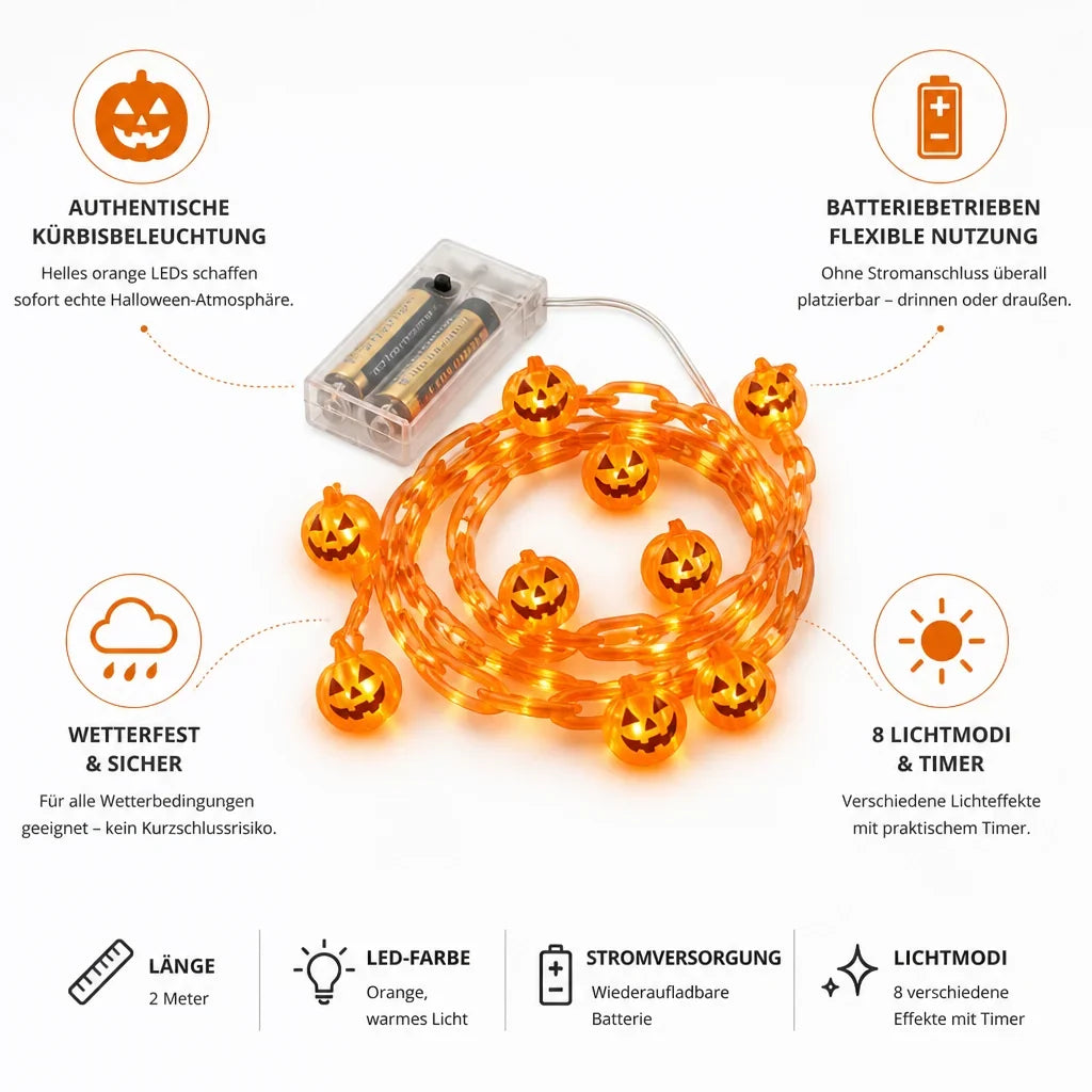 Pumpkin String Lights | Rechargeable Battery & Weatherproof | 2 m