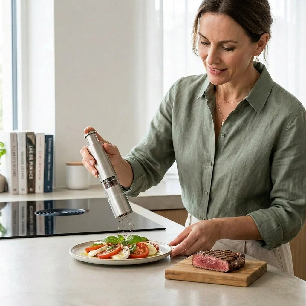 Salt & Pepper Mill | One-Handed Operation & Stainless Steel Grinder | 15.4 cm